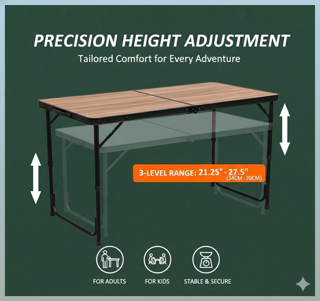 Adjustable Height 5-PCS Folding Camping Set - Lightweight Aluminum 4-Person Picnic Table & Chairs | Portable All-in-One Outdoor Furniture for Travel
