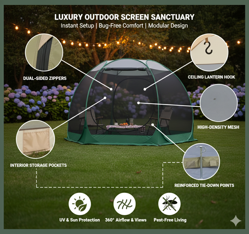 Spacious 6-8 Person Portable Screen Room: The Ultimate Instant Outdoor Sanctuary for Family Glamping | Windproof & Mosquito-Free Mesh Gazebo
