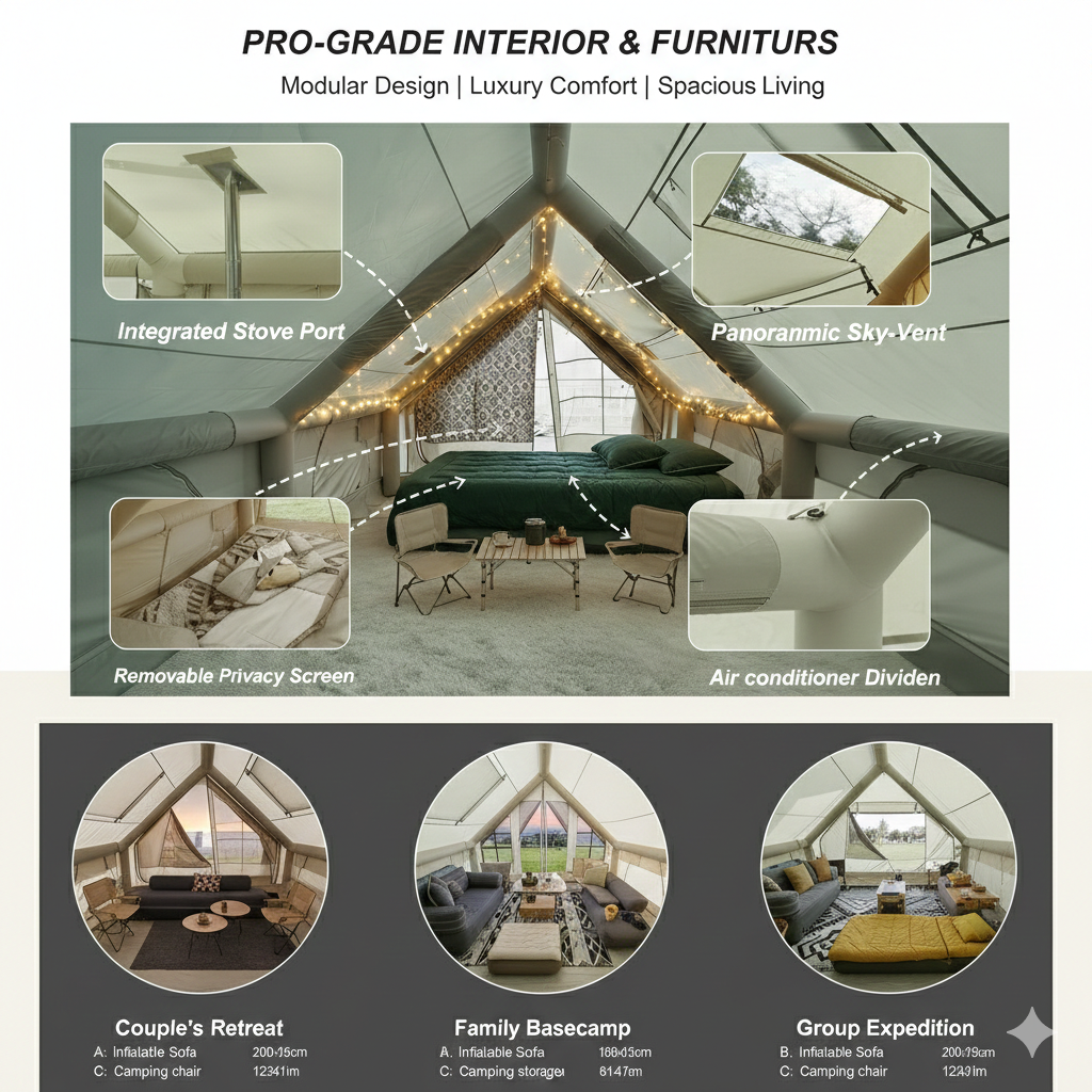 Ultimate Inflatable Villa: 129ft² Luxury All-Weather Glamping Tent - 4-Season Waterproof Canvas Air House with Stove Hole