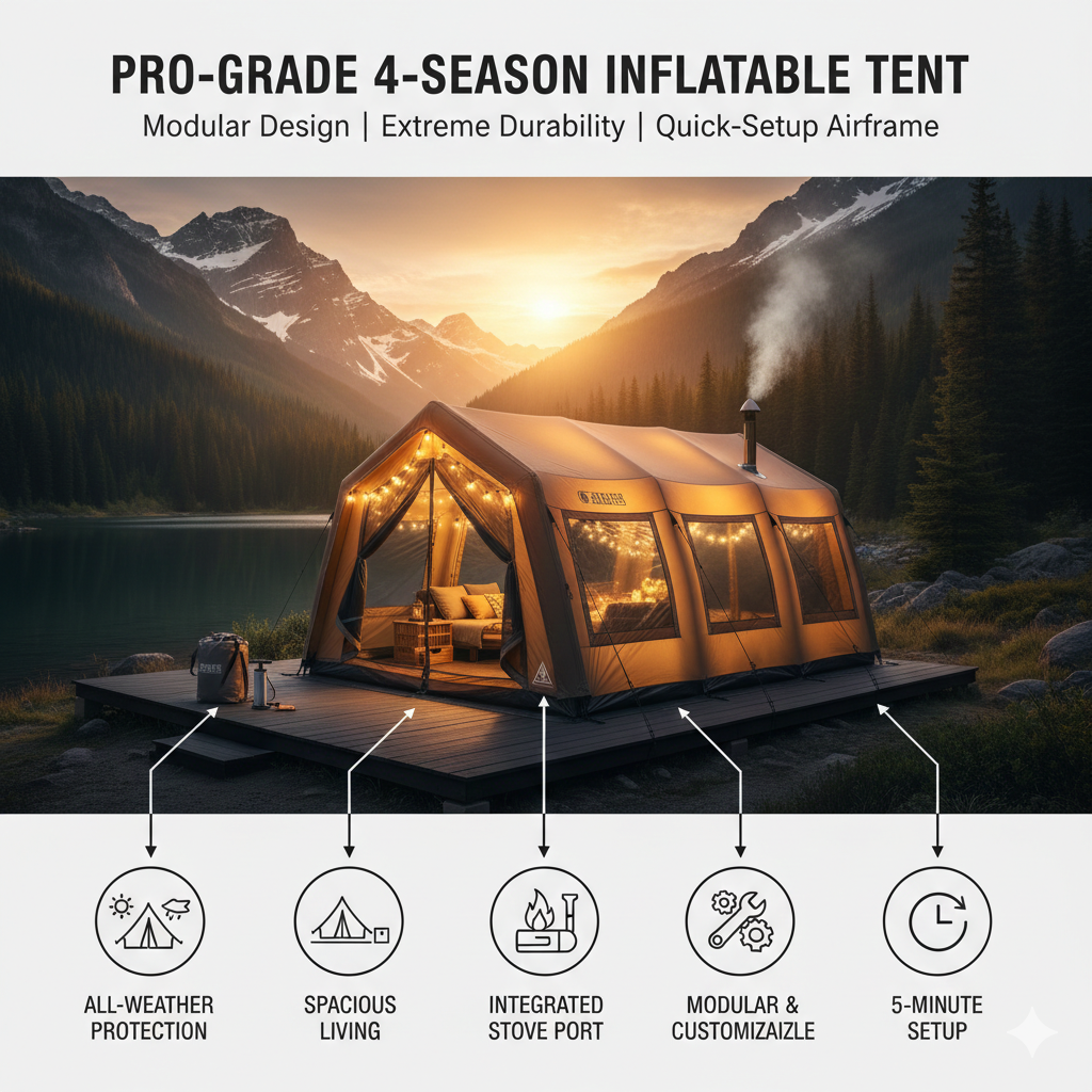Ultimate Inflatable Villa: 129ft² Luxury All-Weather Glamping Tent - 4-Season Waterproof Canvas Air House with Stove Hole