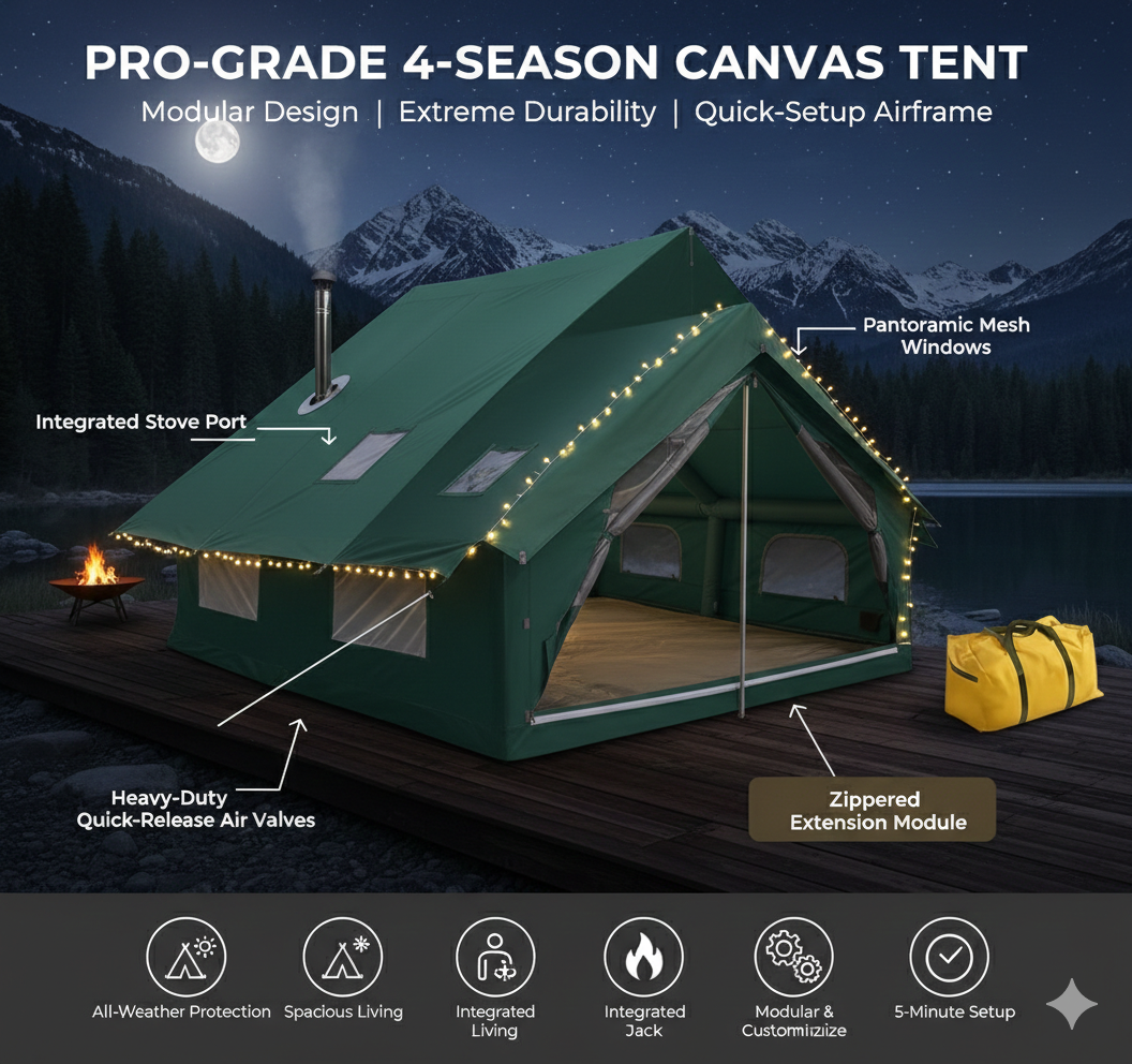 Ultimate Inflatable Villa: 129ft² Luxury All-Weather Glamping Tent - 4-Season Waterproof Canvas Air House with Stove Hole