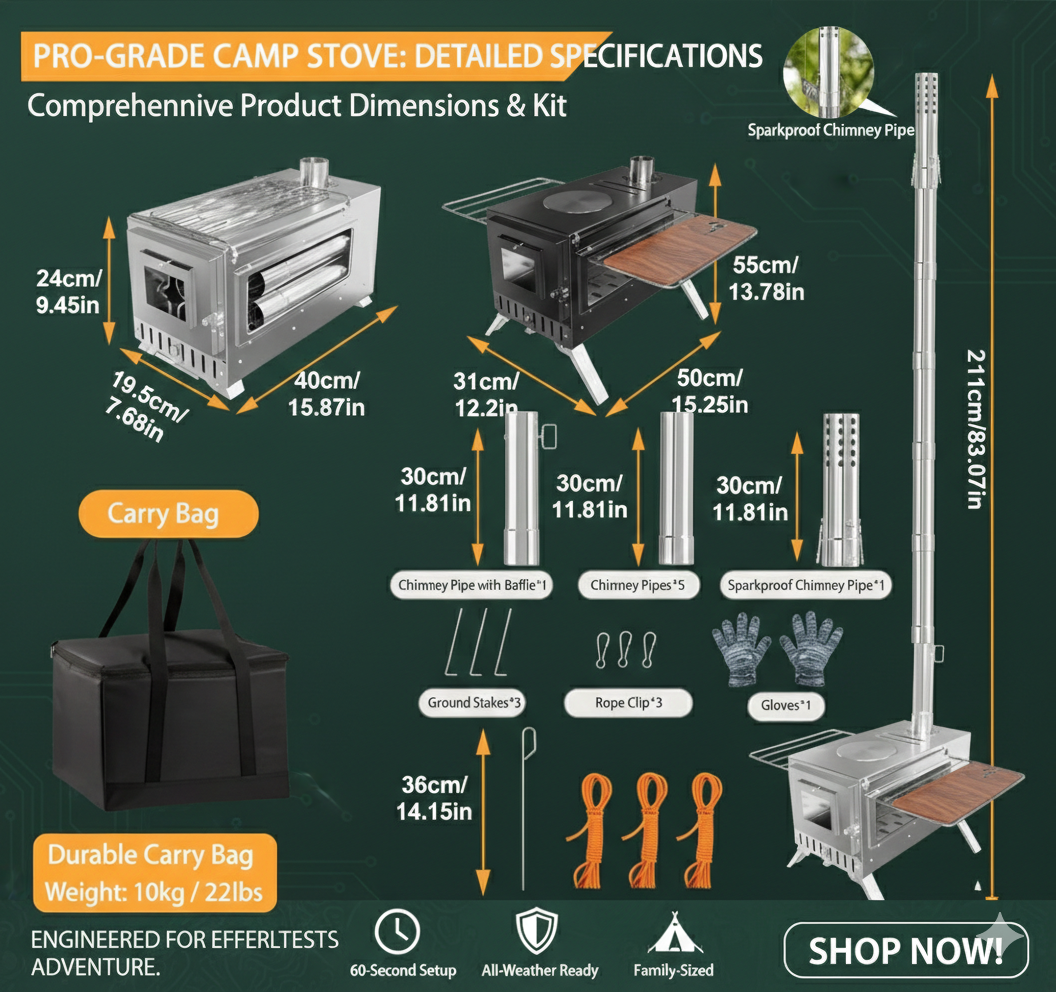 Ultimate Winter Gear: Portable Stainless Steel Wood Stove with Detachable Chimney | Compact All-Season Tent Heater & Grill for Hiking, Hunting & Survival